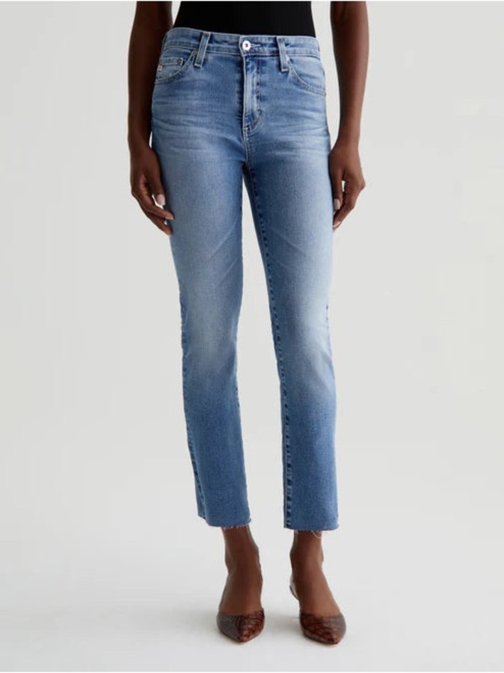 AG Adriano Goldschmied “Mari” Crop High Rise Slim Straight Jeans With Raw Hem